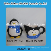 Wholesale cute penguin shaped ceramic sugar and creamer set with spoon